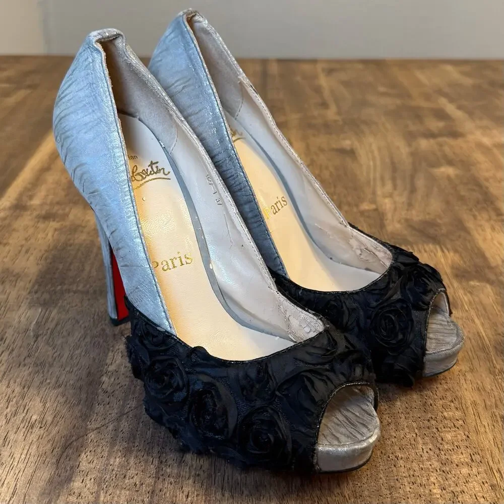 Christian Louboutin Heels Zebra Print Rose Floral Silver Black Women’s EU 37